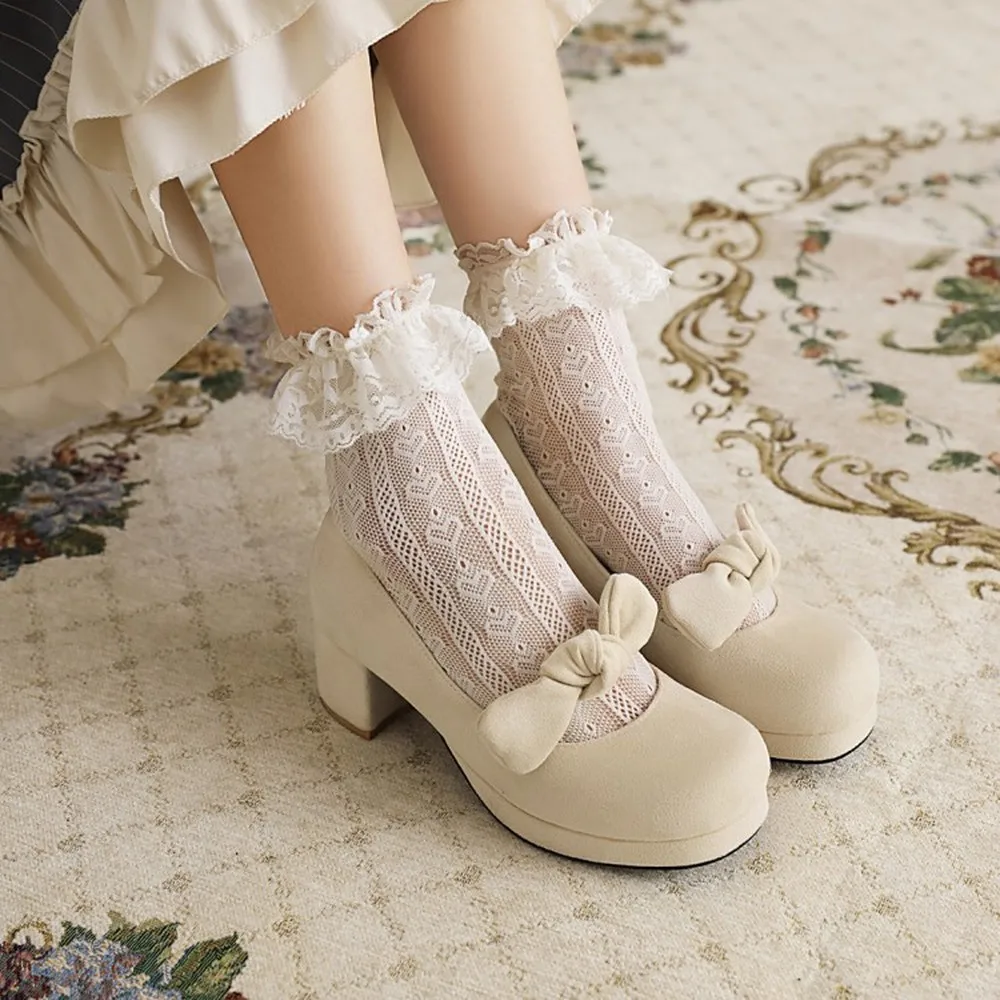 

34-43 Womens Round Toe Japanese Mary Janes Bowknot Lolita Pumps Flock Chunky Heel Shoes Sweet Plus Size 3Colors Cosplay