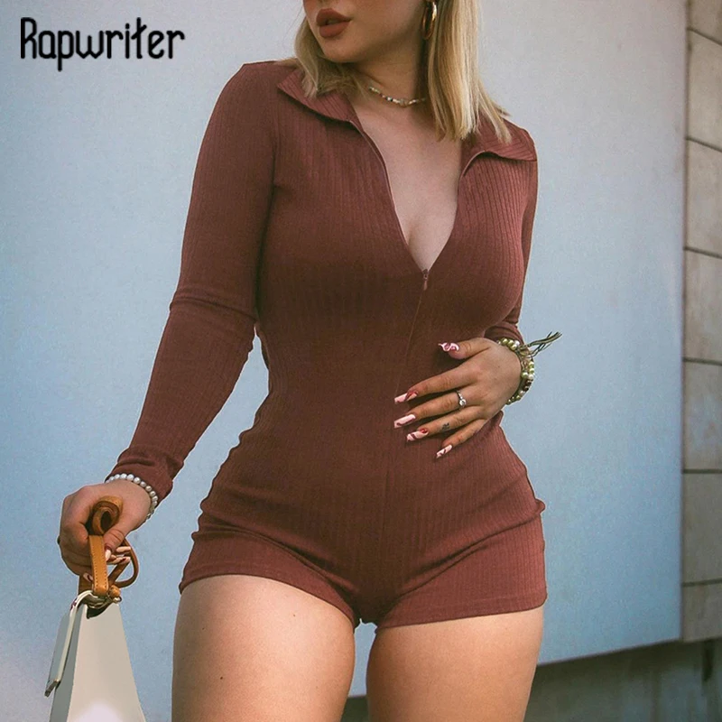 

Rapwriter Casual Solid Playsuit Ribbed Skinny Bodies For Women Zip Up Knitted Bodysuit Beach Style Stretch Fitness Rompers Chic