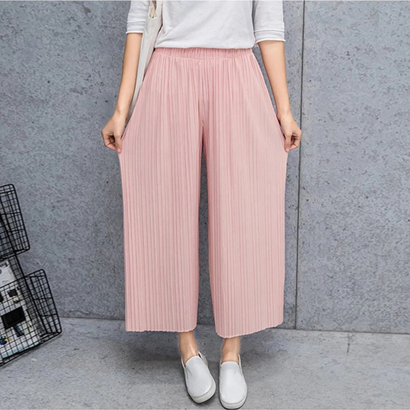 

Summer Korean Women's High Waist Nine Points Wide-legged Pants Fashion Casual Women Elastic Waist Pleated Pants Hot Sale