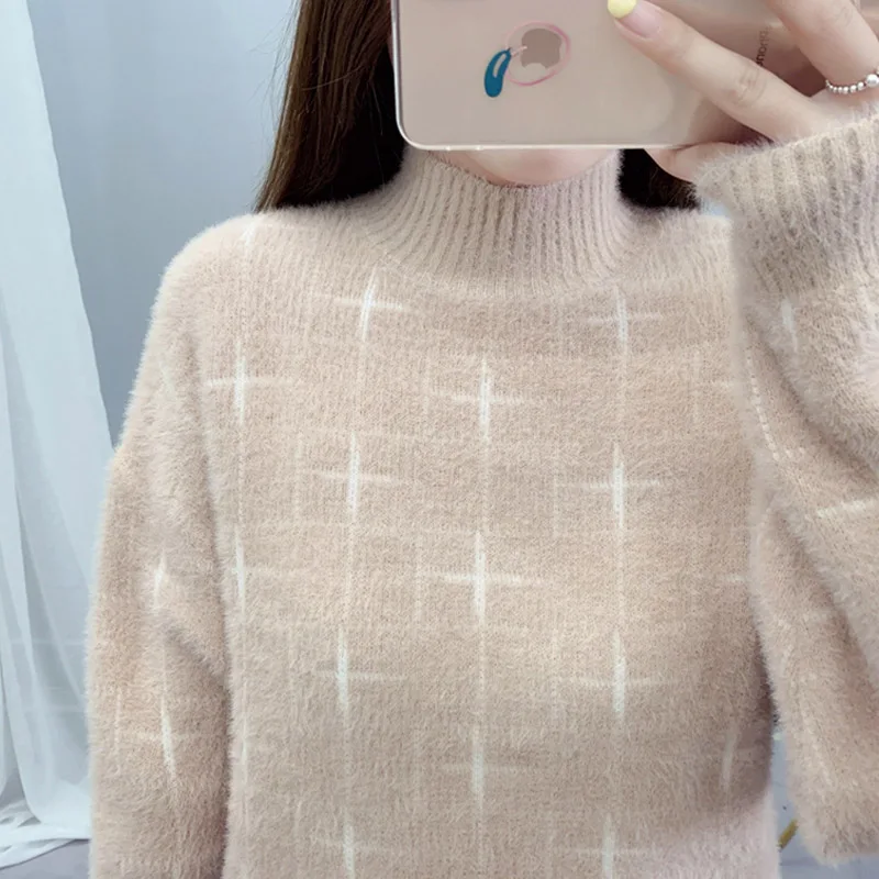

2020 Autumn Winter Turtleneck Jumper Sweater Women Imitation Mink Velvet Long Sleeve Loose Thick Warm Lady Knitted Pullover M192