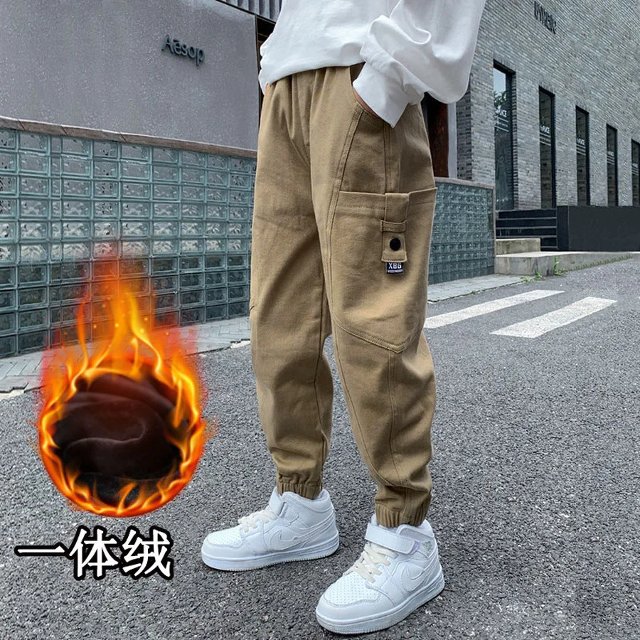 

Winter Fleece Pant for Kid Boys Warm Thick Cargo Pants Children Sping Autumn Casual Letter Print Cotton Trousers for Teen Boy