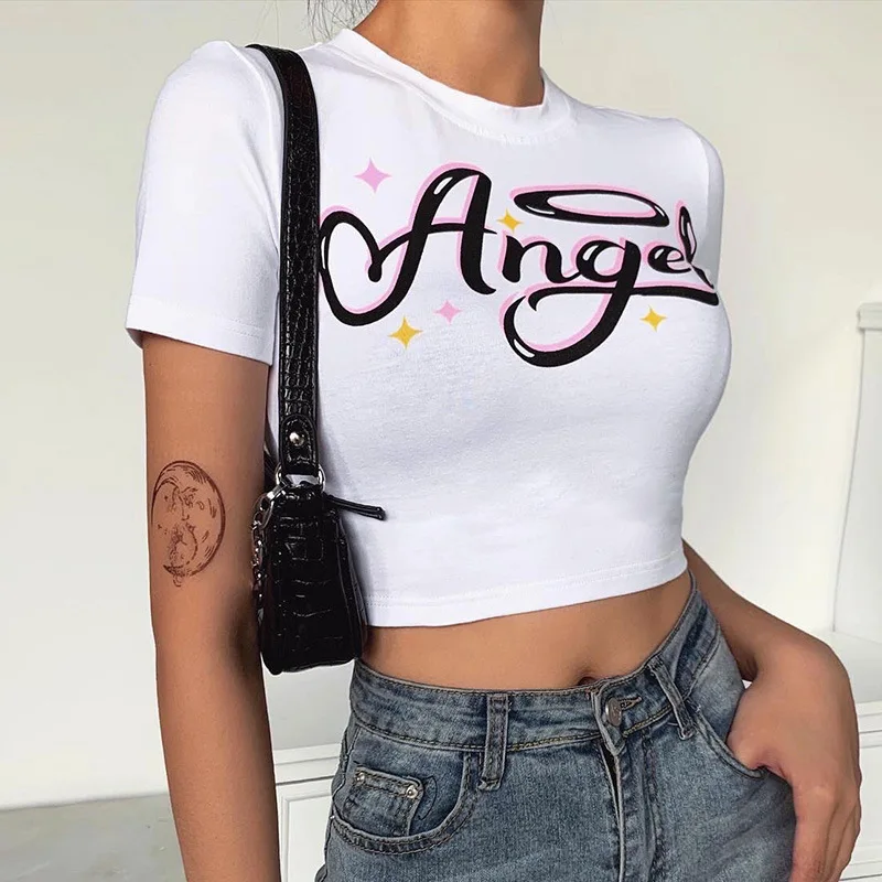 

European/American Women's 2021 Summer New Slim Sexy Round Neck Angel Short-sleeved Short T-shirt y2k shirt Casual Harajuku Tops