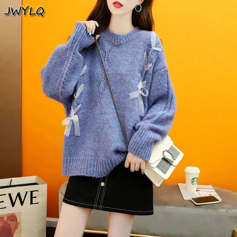 

2021 Autumn Winter Women New O-neck Loose Bow Jumpers Top Female Long Sleeve Sweater Tops Ladies Solid Knitted Pullover Sweaters