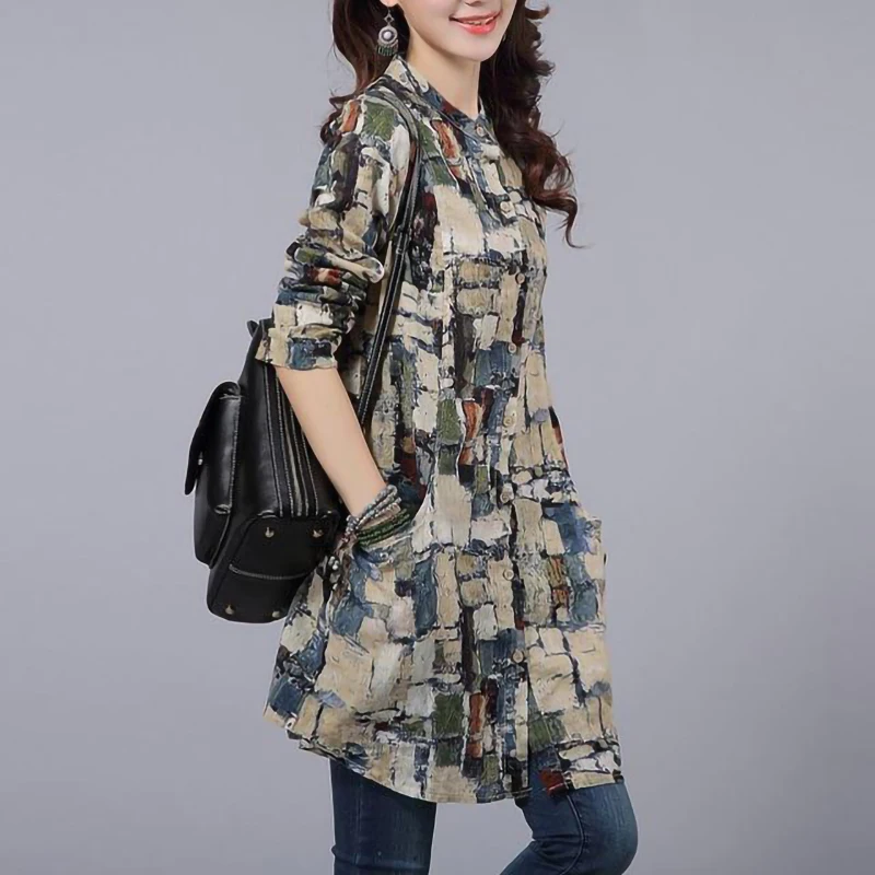

Tunics Long Shirt Women Vintage Cotton Linen Plaid Shirt Long sleeve Stand collar Ladies Casual Tops and Blouses