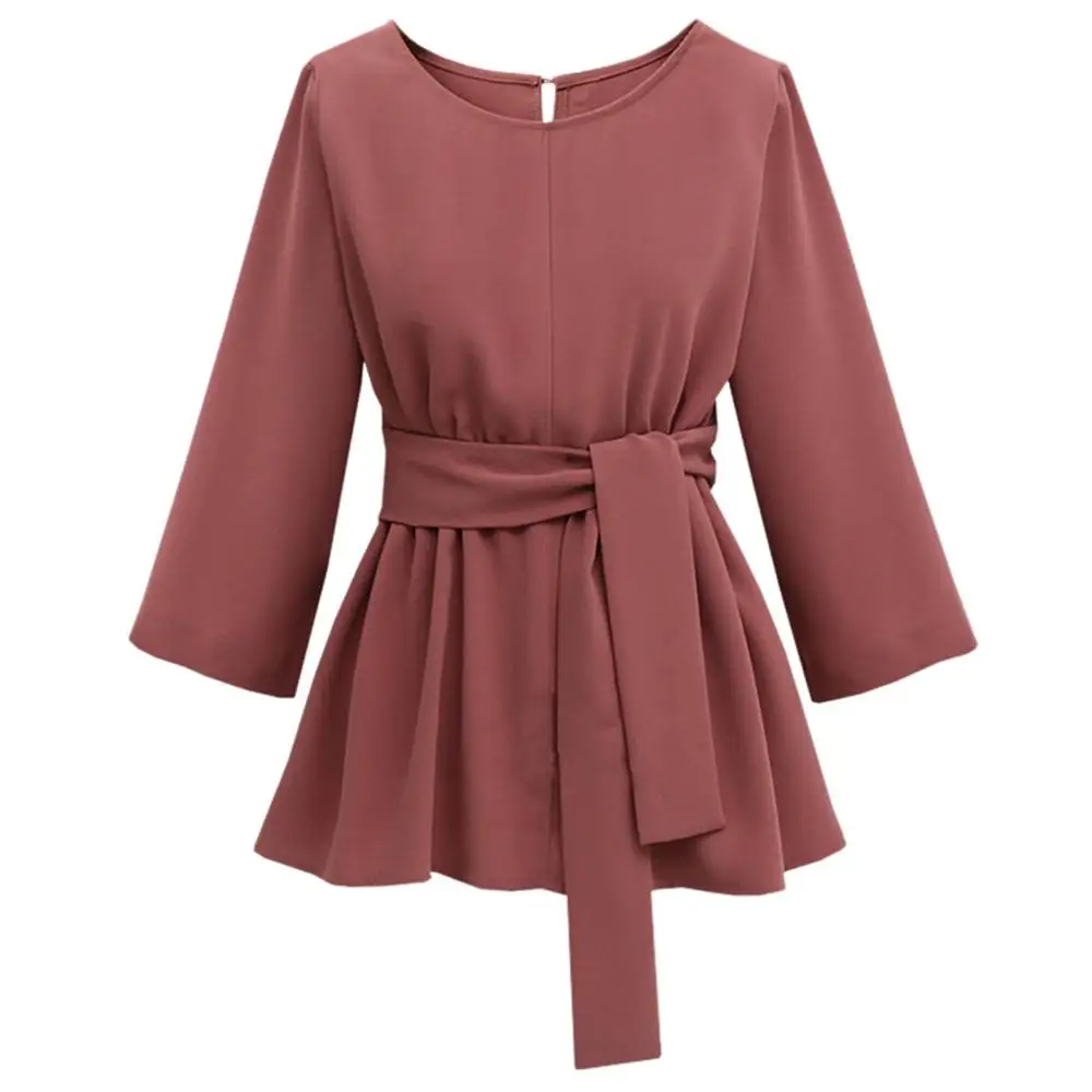 Женская блузка топы плюс размер круглый вырез длинный рукав ремень свободная