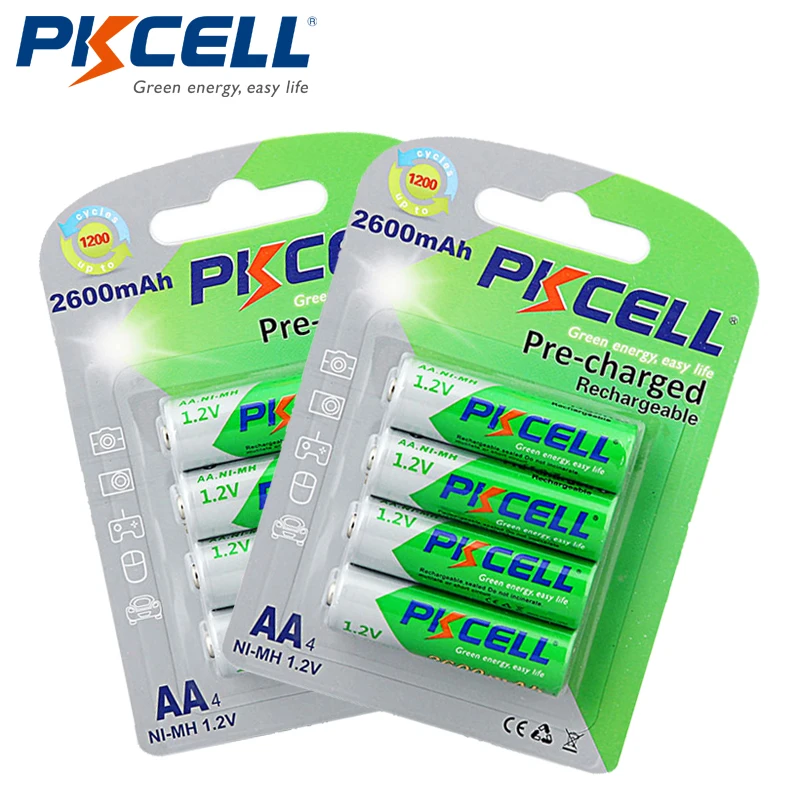

2Pack/8Pcs PKCELL AA Ni-MH Pre-charged Batteries 2600mAh 1.2V Low Self-dischared NiMh Rechargeable Battery For Camera flashlight