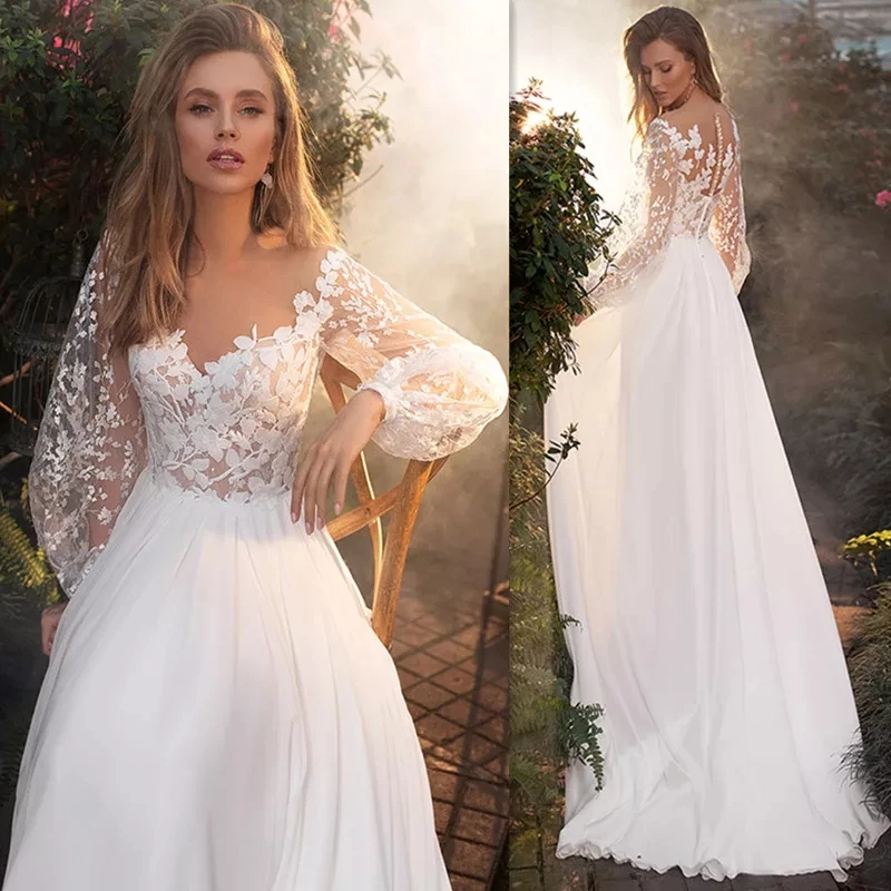 Boho Chiffon Wedding Dress Long Puff Sleeves V Neck Bridal Gowns Lace Applique A Line Country Robe De Mariee vestido de novia | Свадьбы и