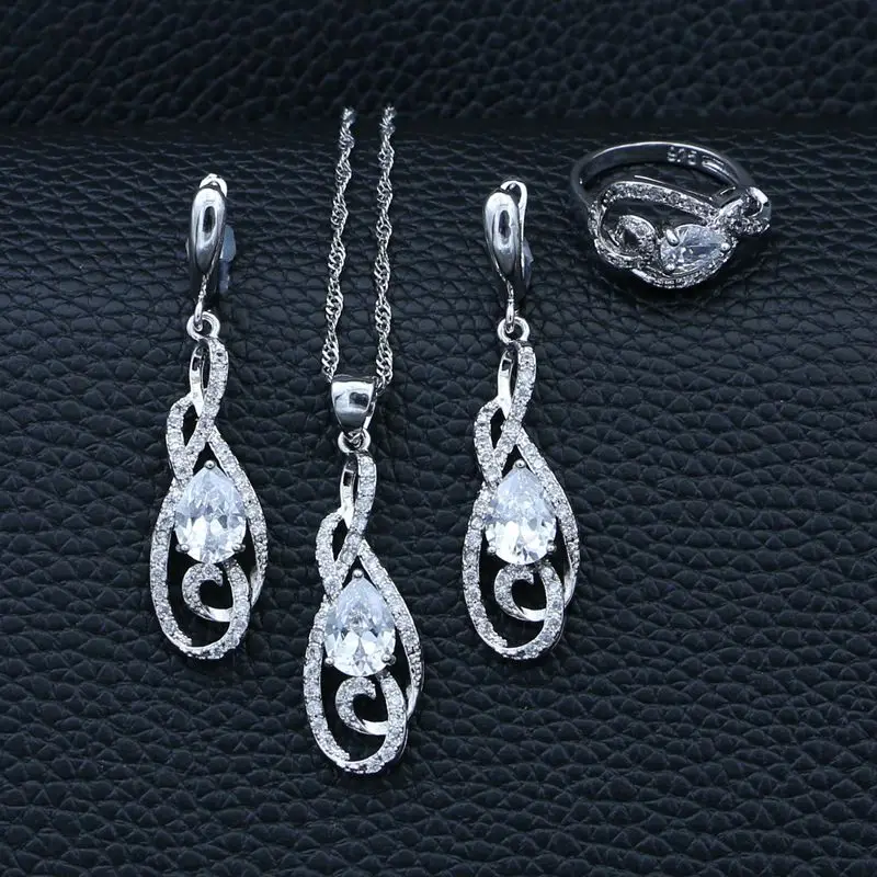 

925 Sterling Silver Bridal Jewelry Sets White Cubic Zirconia For Women Wedding Water Drop Earrings/Pendant/Necklace/Ring