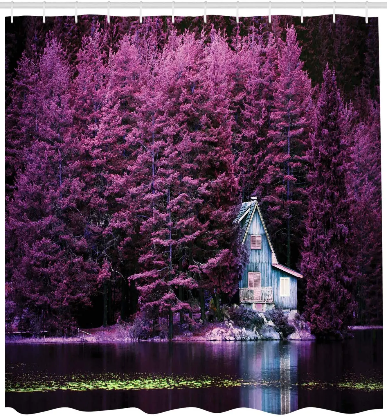 Lavender Shower Curtain Purple Trees by a Lake with Blue Wooden Rustic Lakehouse Lodge Romantic Spring Nature Fabric Bathroom | Дом и сад