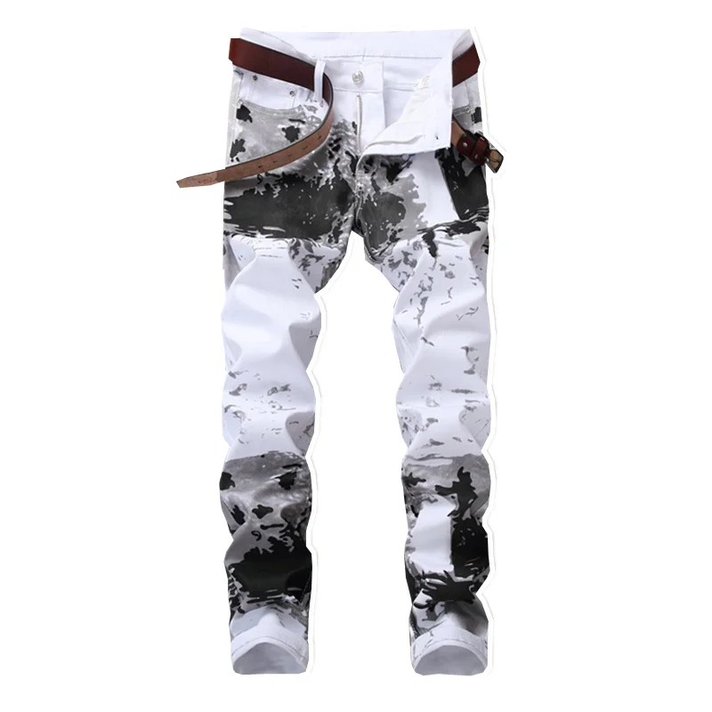 Джинсы мужские Стрейчевые с чернильным принтом модные брюки из денима белым