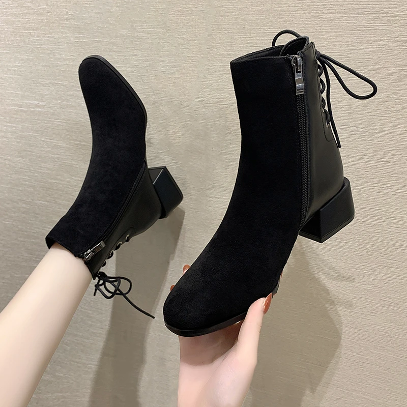 

Women Boots Winter Warm Round Oblique Heel Side Zipper Platform Shoes Solid Color Polyurethane Casual Women Boots 2021 New