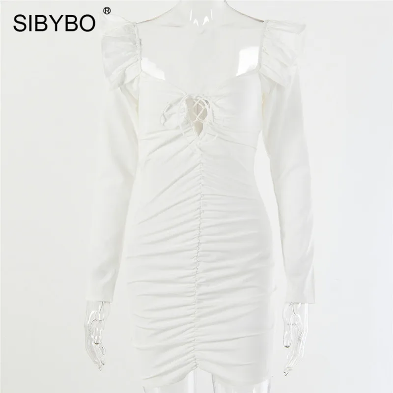 SIBYBO/осеннее платье с длинными рукавами и оборками, женское Бандаж с v-образным вырезом, мини-облегающее платье, однотонное женское вечернее платье с открытой спиной