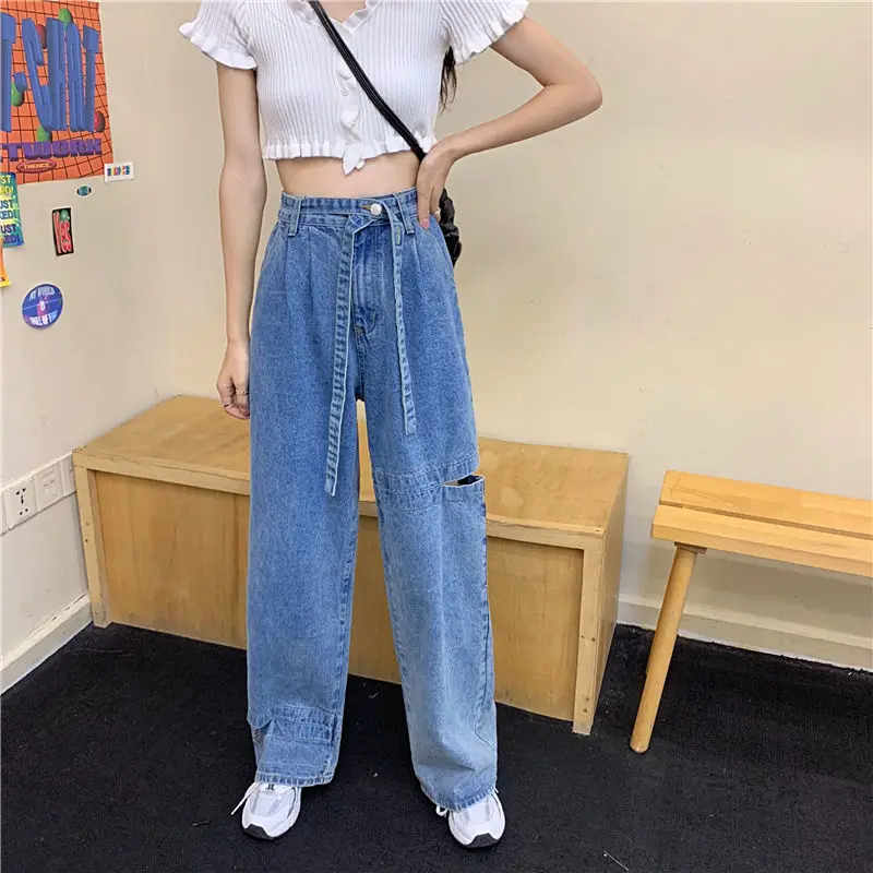 

Autumn Women Solid Vintage High Waist Wide Leg Denim Trousers Simple Students Loose Fashion Harajuku Jean Chic Casual Pants E363