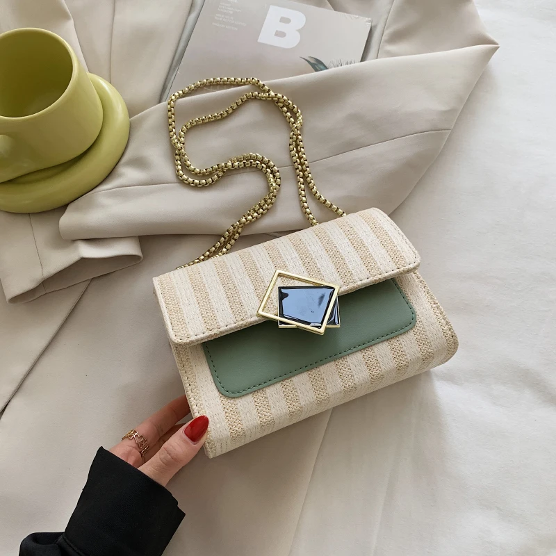 

2021 Summer New In Linen PU Patchwork Fashion Women Handbag Bohemian Rattan Metal Chain Messenger Crossbody Bag Travel Beach