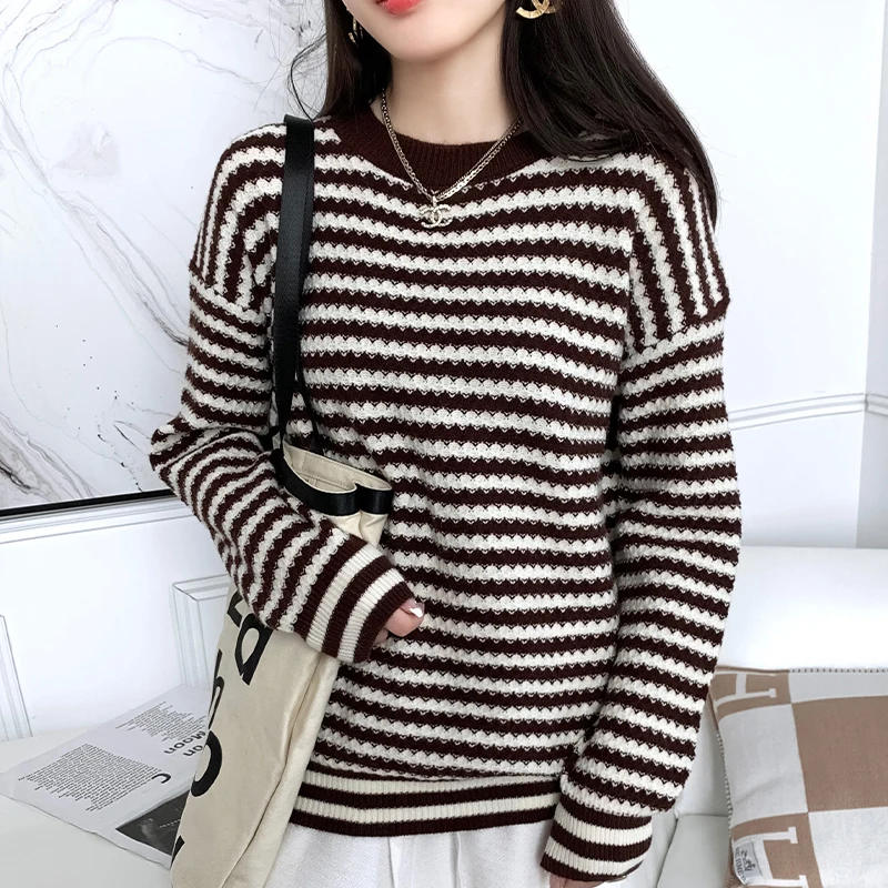 Women Autumn Winter Striped cashmere Sweater 2021 New O-Neck Pullover Tops Long Sleeve  Casual Cashmere sweater women фото