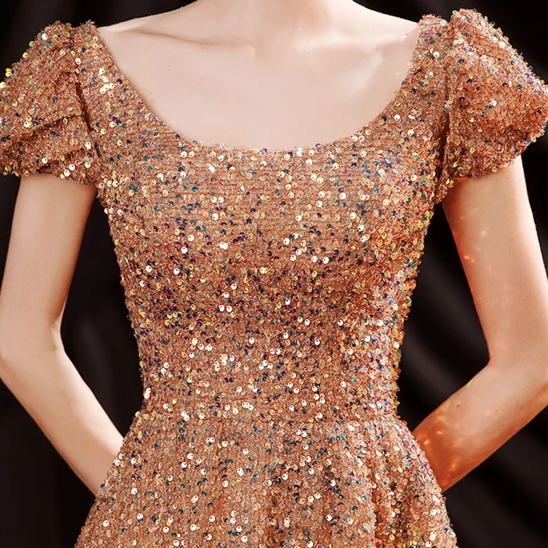 

Evening Dresses Luxury Gold O-Neck Short Vintage Illusion A-Line Floor-Length Jersey Sequined Elegant Women Formal Gown TS704