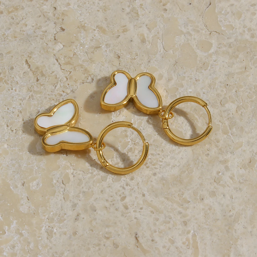 

2021 New Natural Sheel Mother Of Pearl Butterfly Hoop Earrings Stainless Steel Jewelry 18K Gold Plated Charm Huggies