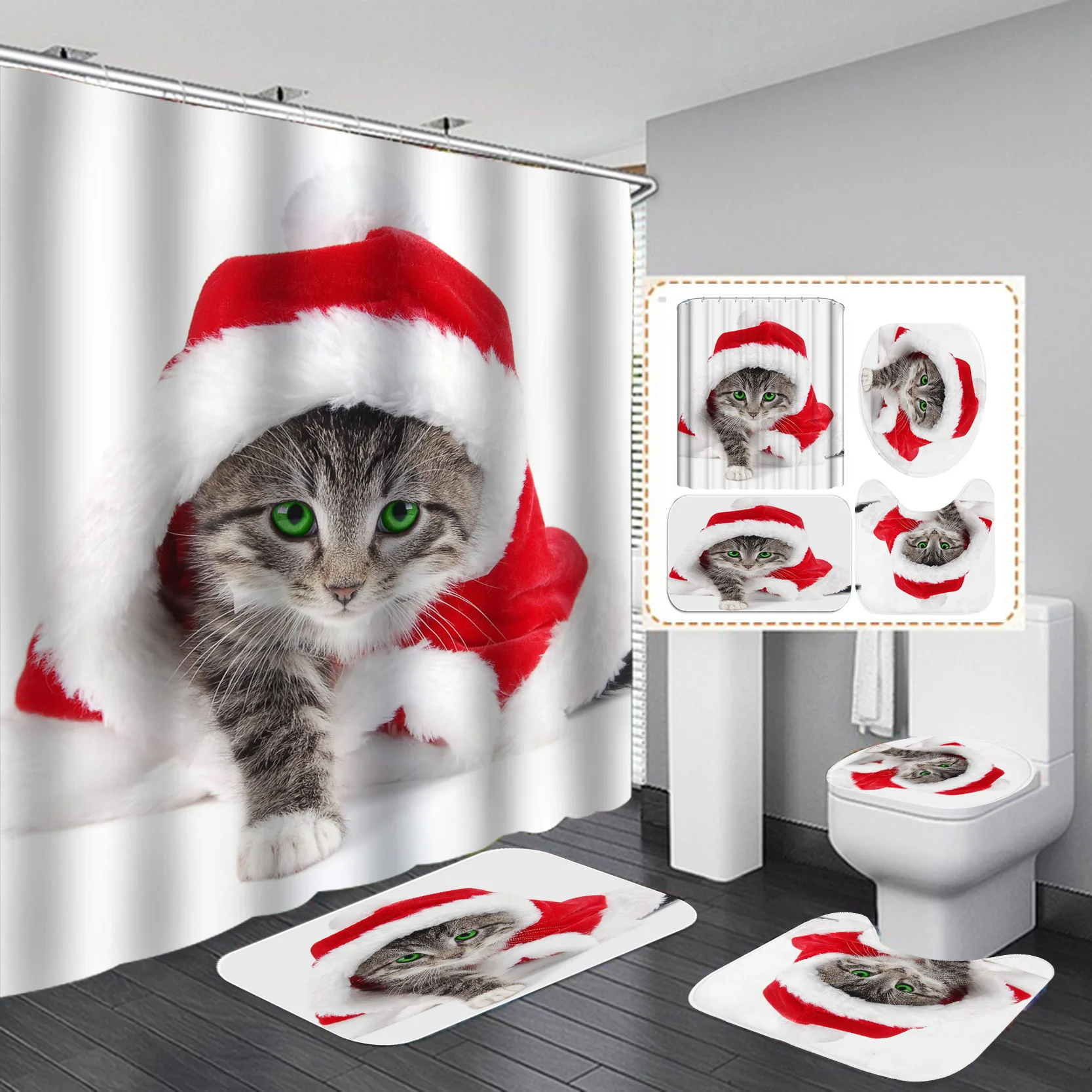 

New Cat 3d Printed Bath Curtains Waterproof Polyester Fabric Washable Bathroom Shower Curtain with 12 Hooks
