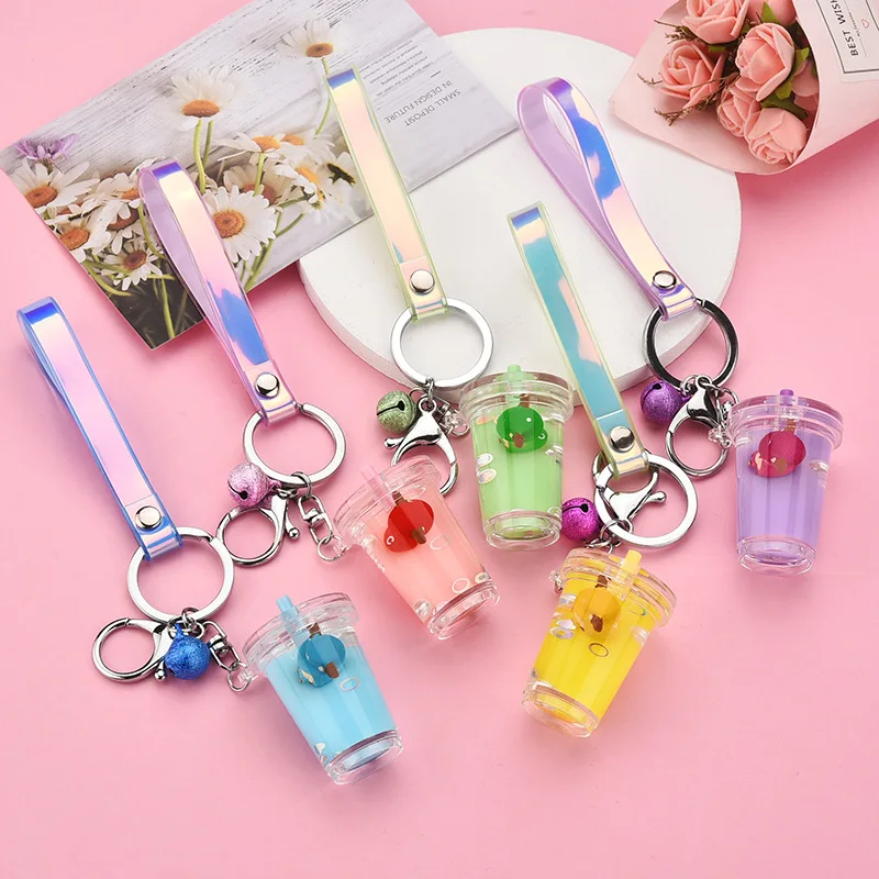 Acrylic Quicksand Milk Tea Cup Keychain Creative Floating Cartoon Chopper Anime Keyring for Men Boy Bag Pendant Key Chains Gifts | Украшения
