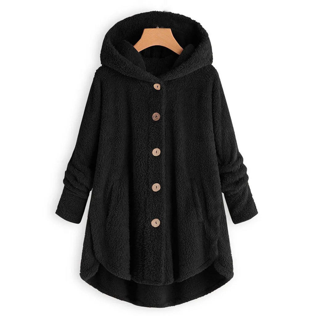 Пальто для женщин плюс размер Кнопка плюшевые Топы с капюшоном свободное шерстяное пальто зимняя куртка утепленная карманами chaqueton mujer# G1