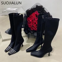 suojialun fashion bling crystal women knee high boots thin high heel ladies elegant chelsea boots square toe zipper long boots