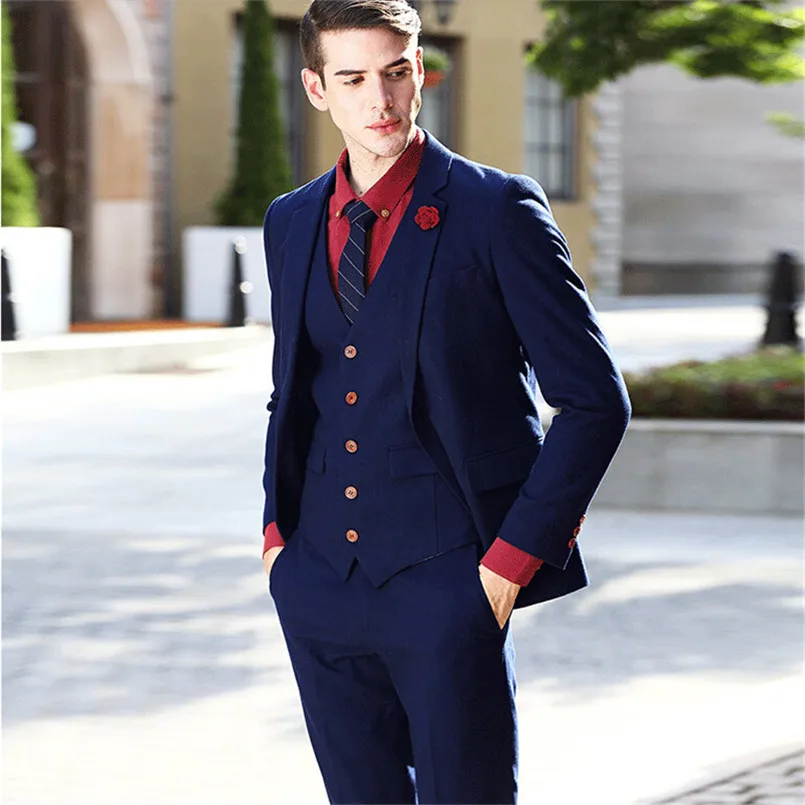 

Mix&Match Fashion 3 Pieces Men Suits Red Button Navy Blue Tuxedos For Grooms Men Best Man 2017 Yong Men Suit (Coat+Trousers+Tie)
