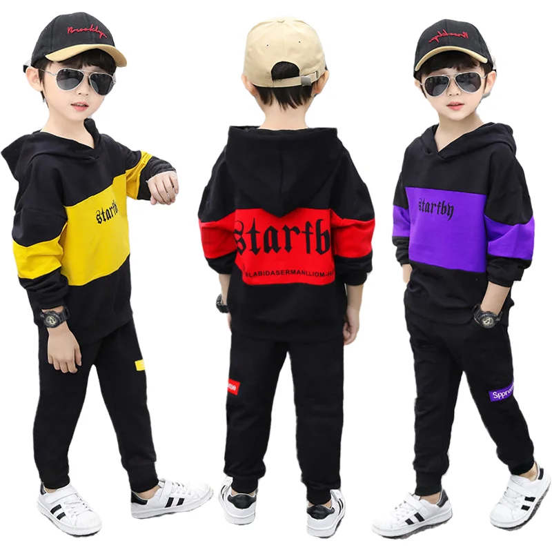 

New Teenage Boys Sportswear 4-12Y Children's Clothing Suits Splicing Hooded Top + Pants Personality Suits Kids Christmas Clothes