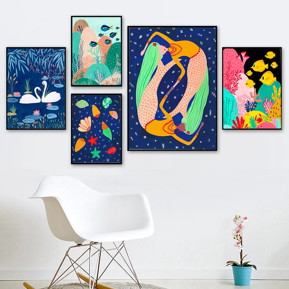 

Cartoon Ocean Gold Fishes Swan Nordic Posters And Prints Girl Sea Shell Wall Art Canvas Painting Wall Pictures Kids Room Decor
