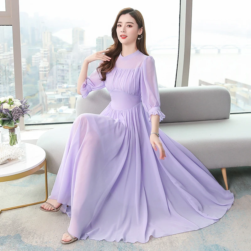 Корейское женское платье шифоновое длинное элегантное однотонное миди женские