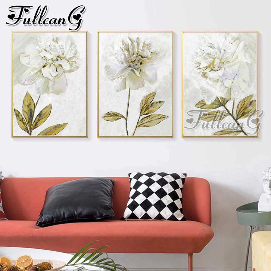 

FULLCANG 5d diy diamond embroidery white abstract flower diamond painting triptych full square round drill decoration FC3033