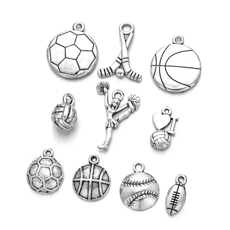 

10pcs Mix Ball Games Baseball Sports Charms For DIY Necklace Earrings Bracelet Jewelry Making Accessaries Antique Silver Color