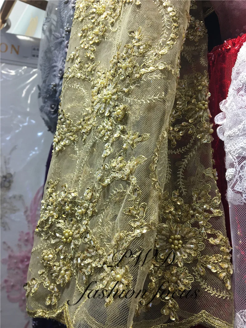 5 ярдов французская Золотая кружевная ткань с бусинами S112 Высококачественная