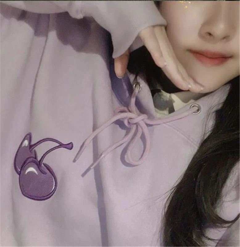 

Sweety Cherry Japanese Academy Style Embroid Print Hooded Thick Fleece Sweatshirts Warm Pullovers Hooded Girls Teens Hoodies