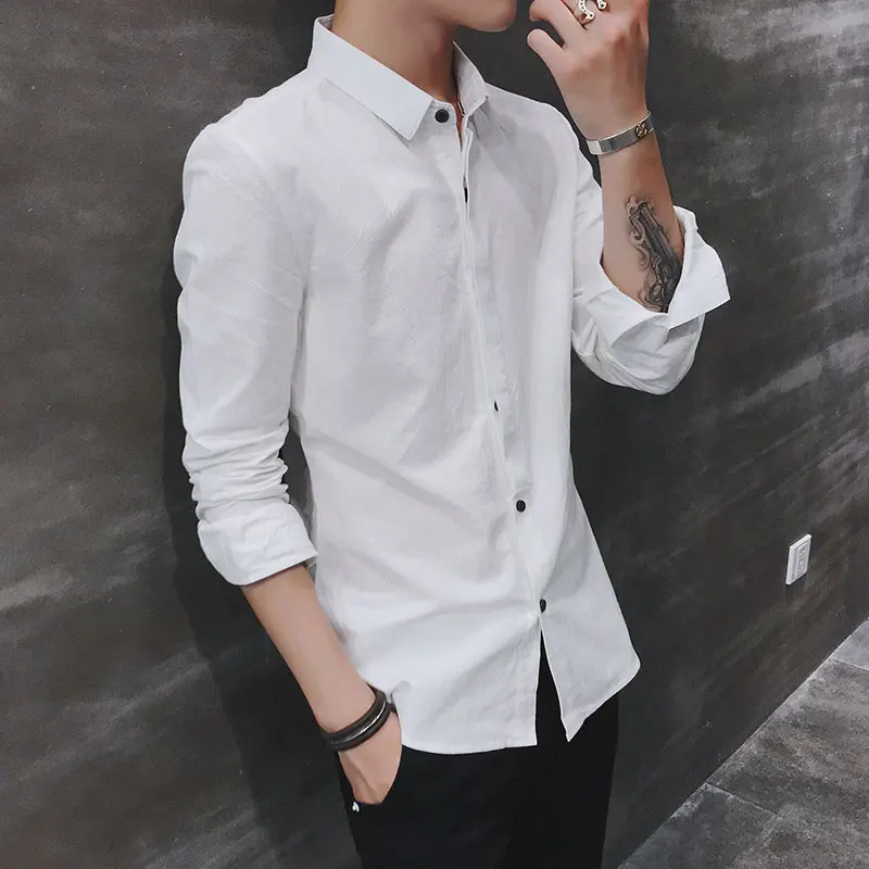 

Повседневная мужская однотонная льняная рубашка с длинными рукавами однобортная простая топ с отворотом рубашки B49