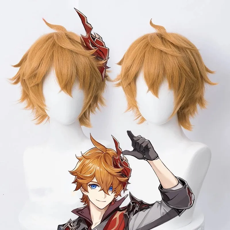 

Genshin Impact Tartaglia Cosplay 30cm Short Christmas Brown Wig Cosplay Anime Wigs Heat Resistant Synthetic Wigs+Wig Cap