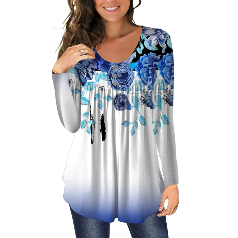 

Autumn Fashion O-neck Women Blouse Vintage Floral Printed Long-sleeved Casual Office Shirts Ladies Elegant Loose Pullover Tops