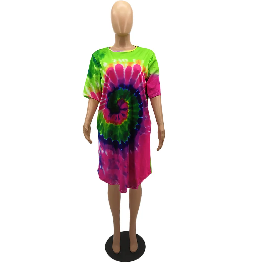 Зеленый HAOYUAN Tie Dye, платье размера плюс, женская осенняя одежда, Robe Femme, больше размера d, Vestido, сексуальное Клубное рождественское платье, свободная футболка, платья - Цвет: Зеленый