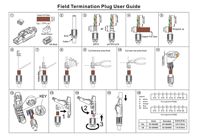 

Cat 6A Cat 7 Cat 8 RJ45 Connectors Tool Free Easy Jack Shielding RJ45 Metal Die-Cast Field Termination Plug Cat 7 Cat 8 22-24AWG