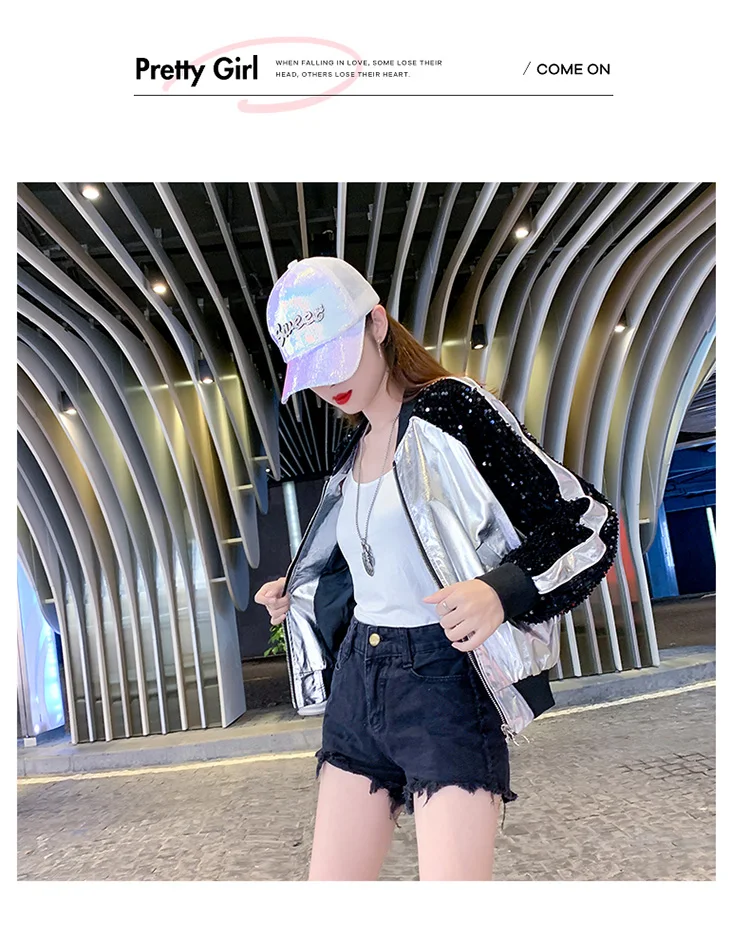 SilverPatchwork PU& куртка с блестками Топ Женская куртка осеннее пальто с блестками зимняя утепленная одежда на молнии Женская куртка для колледжа