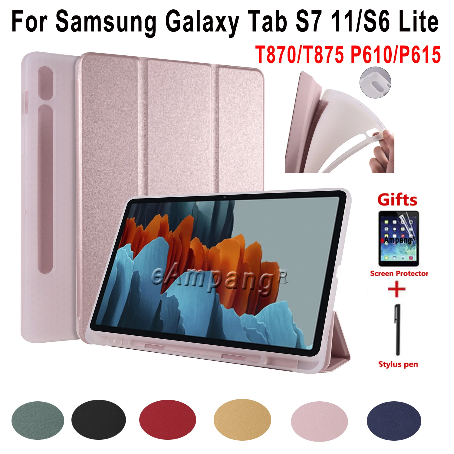 

Мягкий противоударный чехол для Samsung Galaxy Tab S7 11 S6 Lite 10,4, слот для ручки, три сложения, умная прозрачная задняя крышка, чехол для планшета