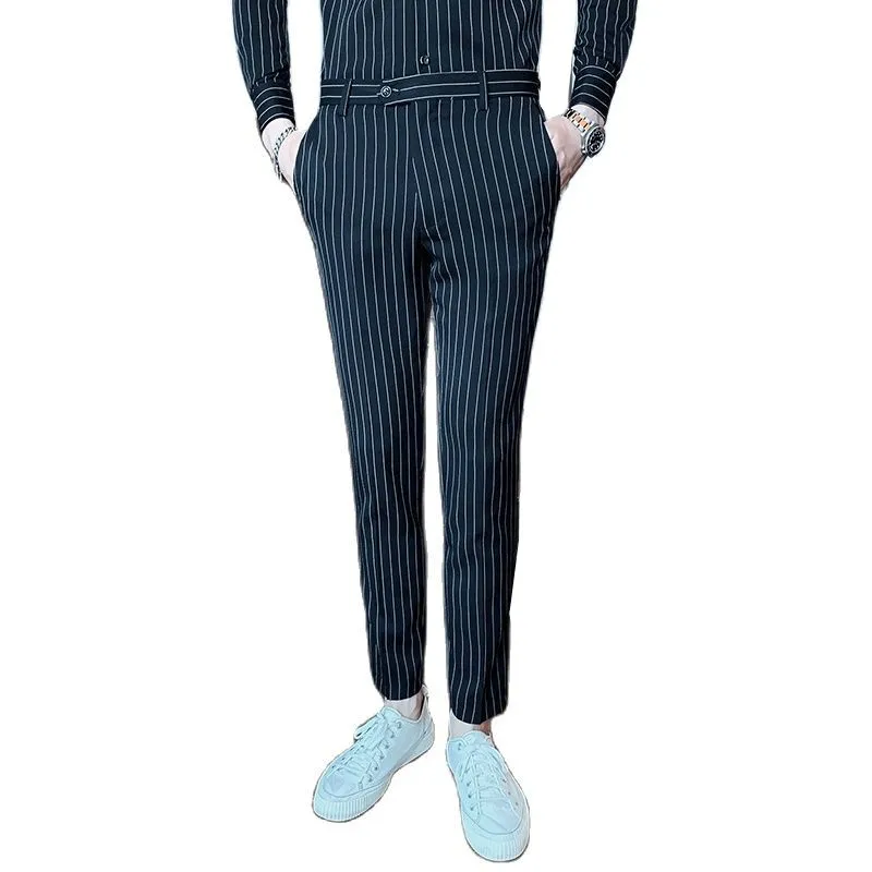 Высокое качество мужской костюм в полоску брюки тонкие подходящие деловые