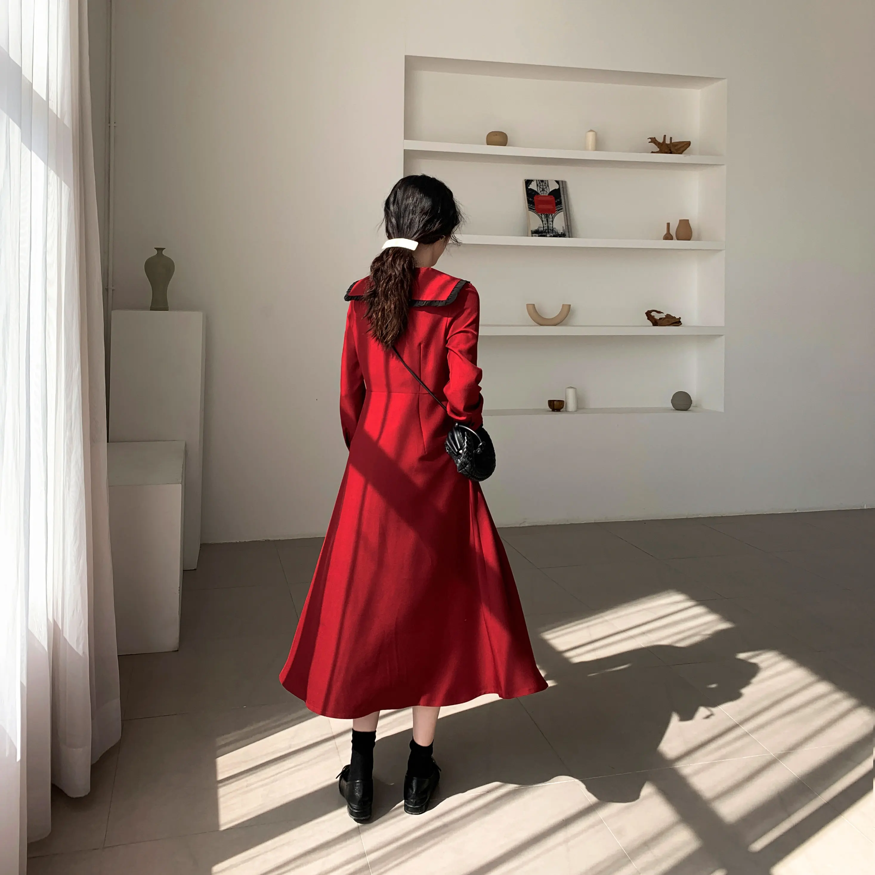 Женское платье в стиле колледжа Бордовое ретро женское с длинным рукавом