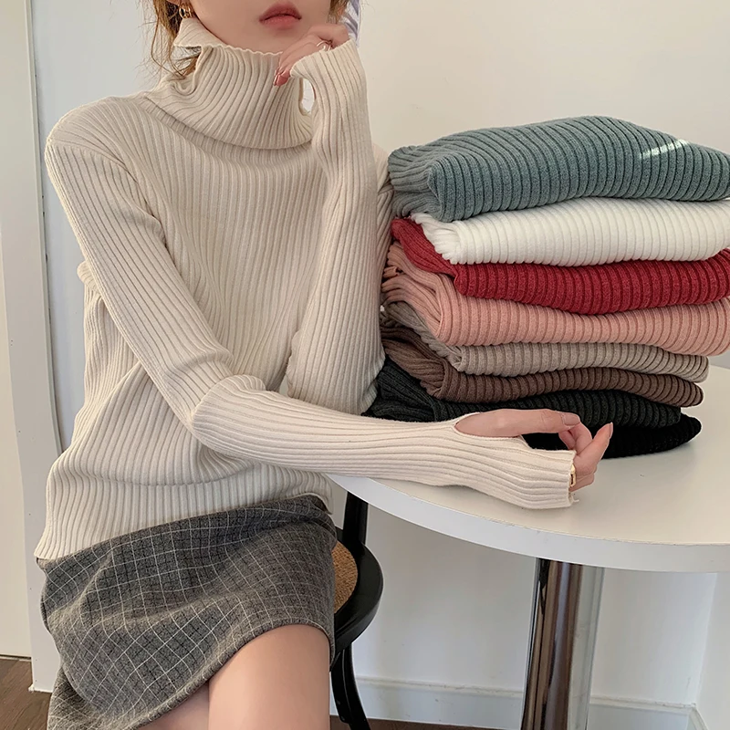 

Warm Thick Autumn Winter Women Sweater Pullover Basic 2021 Ribbed Sweaters Cotton Tops Knitted Solid Turtleneck With Thumb Hole