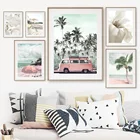 Пальмовое дерево, автомобиль, морской пляж, зонт, пион, настенная Картина на холсте, скандинавские плакаты и принты, настенные картины для декора гостиной