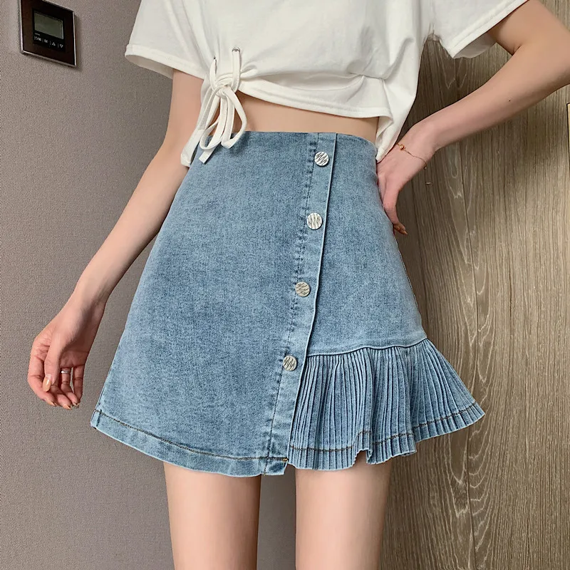 

Preppy Style Harajuku A-line Denim Skirt Women 2020 Summer High Waist Jeans Pleated Mini Trumpet Mermaid Short Skirts Female
