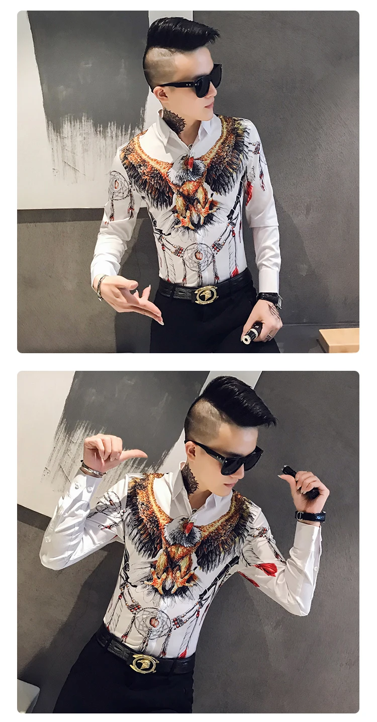 Осенняя мужская Модная приталенная рубашка с коротким рукавом Camisa Masculina, Повседневная Уличная Мужская рубашка с принтом орла