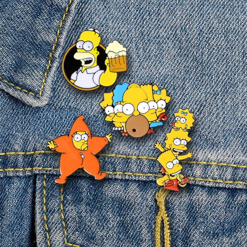 

5 Styles Cartoon Enamel Pin Lisa Homer Jay Marge Brooches Pins For Friends Cartoon character meme Lapel Pin