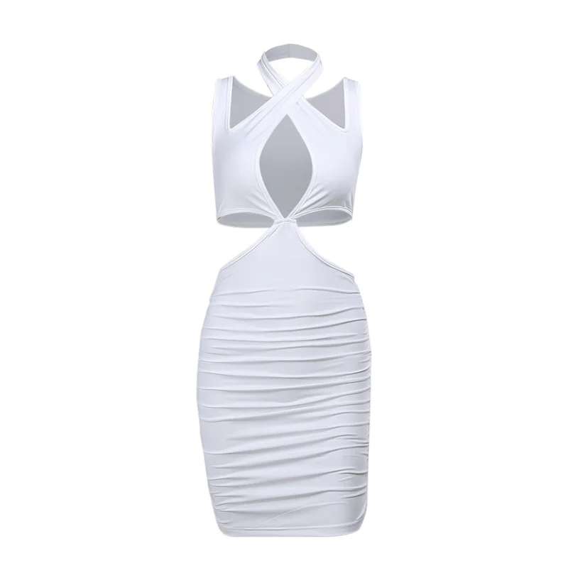 

InstaHot Hollow Out Cross Casual Solid Club Dress 2021 Summer Halter Elegant Streetwear Dress Sleeveless Bodycon Female Dress