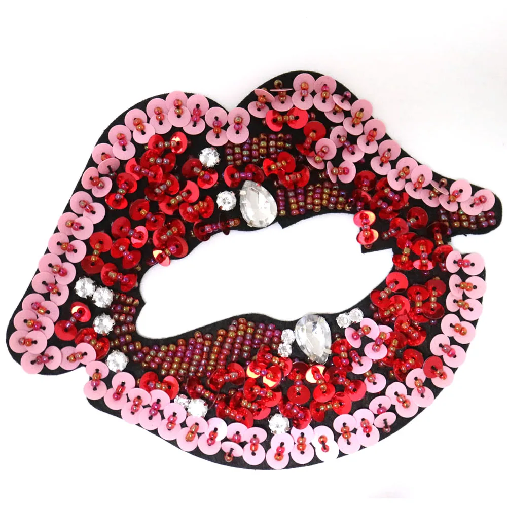 

Fashion Handmade mouth rhinestone beaded patches for clothing DIY sew on patch embroidered applique lip sequins Parches