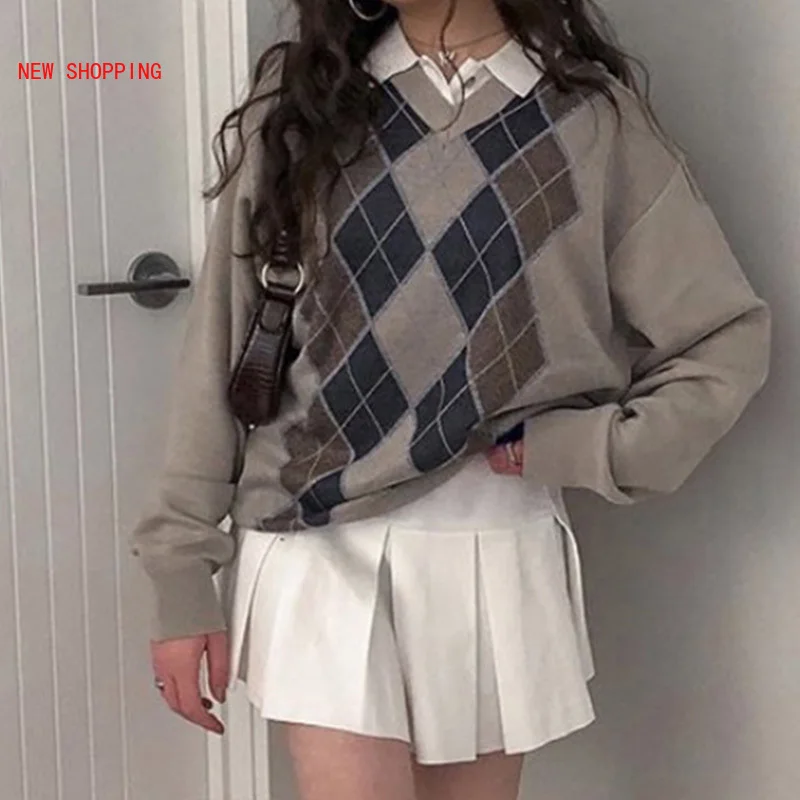 

Casual Argyle Plaid Y2K Jumper Female Preppy Style Vintage V Neck Sweater Women New Korean Fashion Pullover Streetwear Harajuku